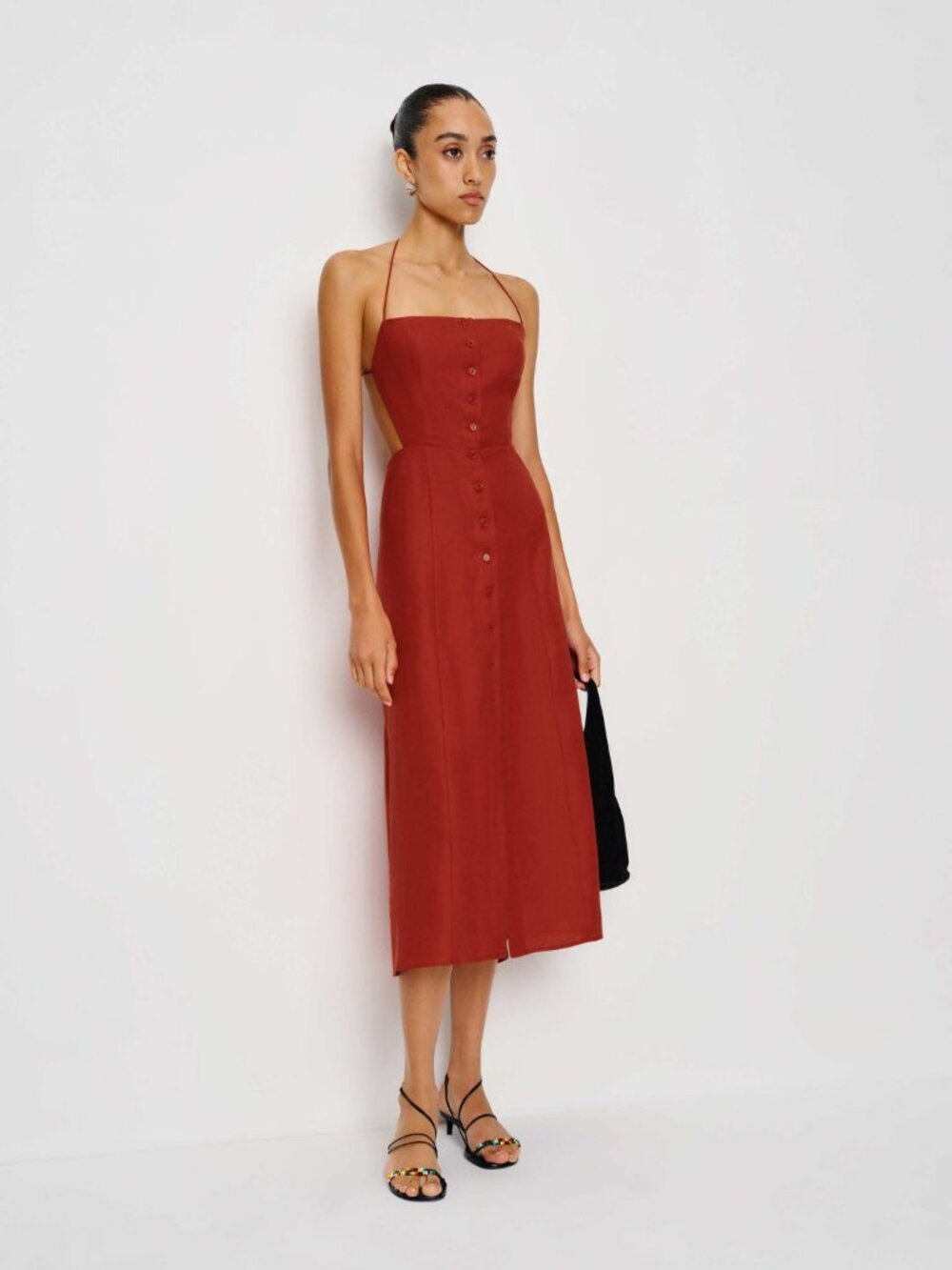 Reformation Manon Halter Neck Midi Dress Tomato Size 0 Linen